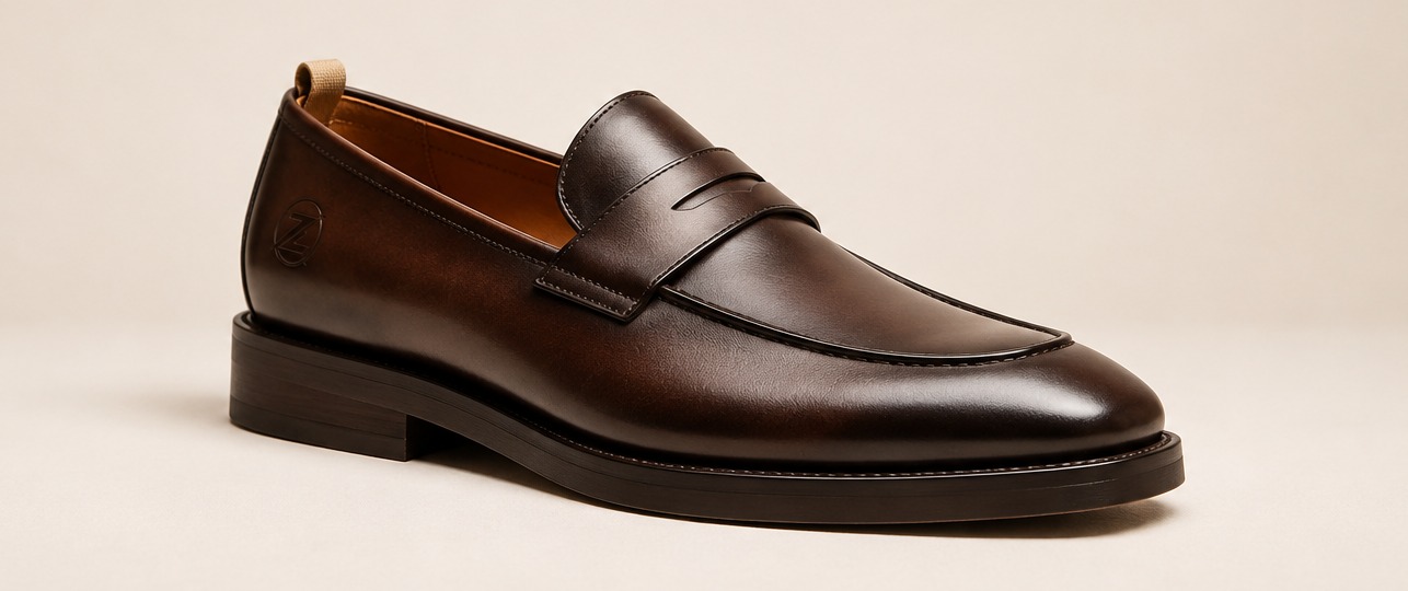 The ZOVANEX Signature Penny Loafer in dark brown leather
