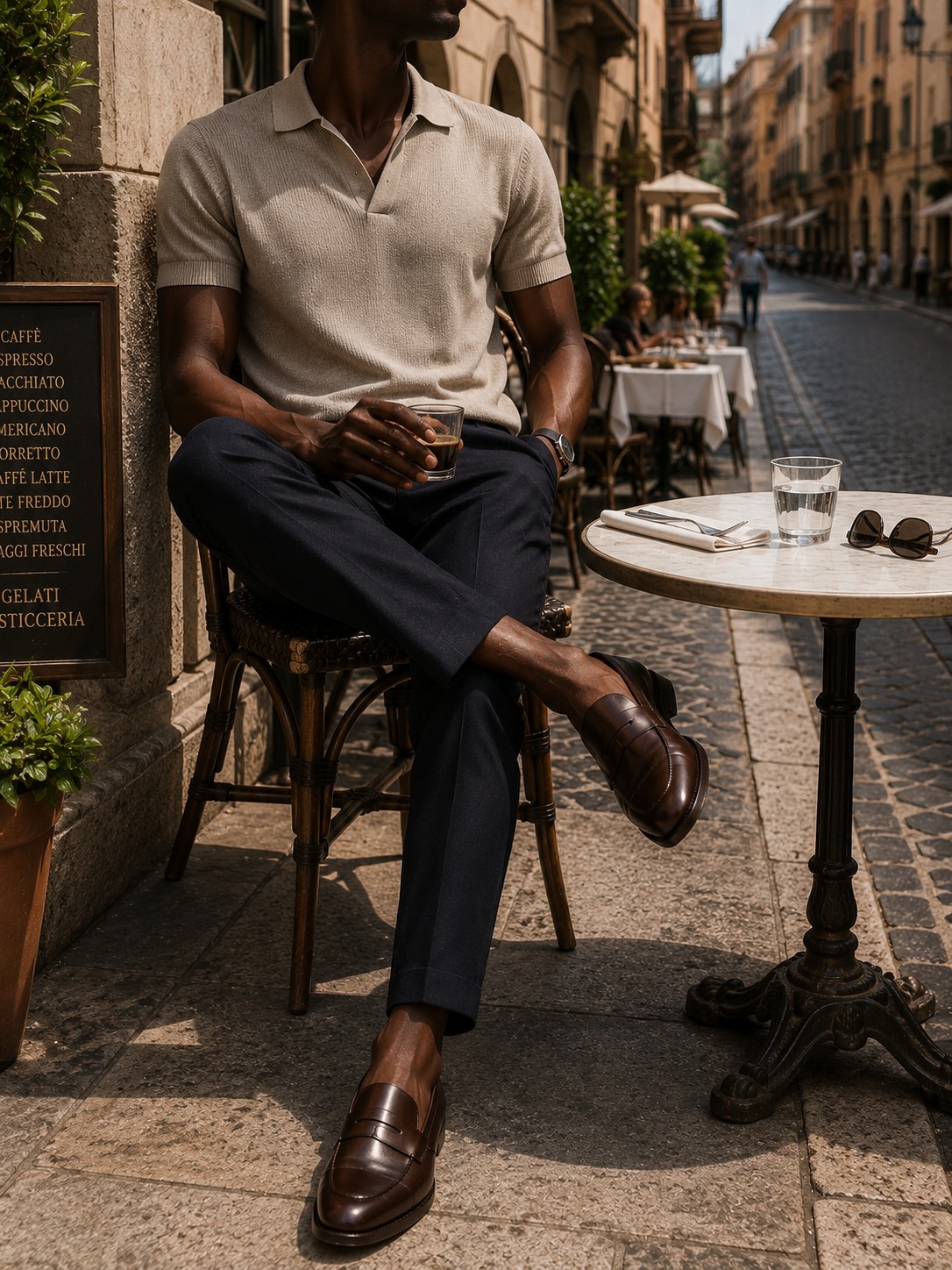 A man seated at an Italian cafe table wearing ZOVANEX penny loafers