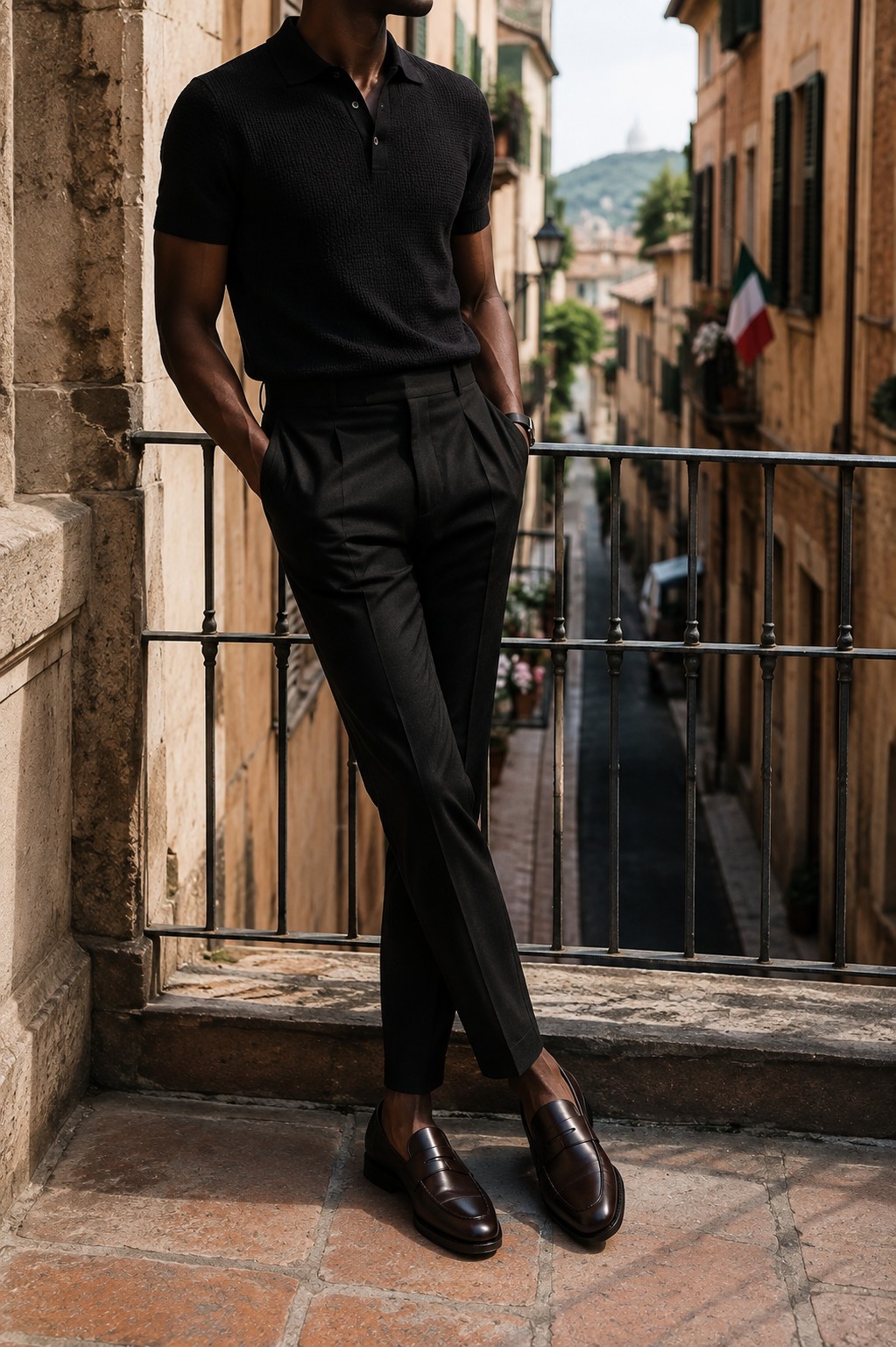 A man leaning against a stone wall in an Italian city wearing ZOVANEX penny loafers